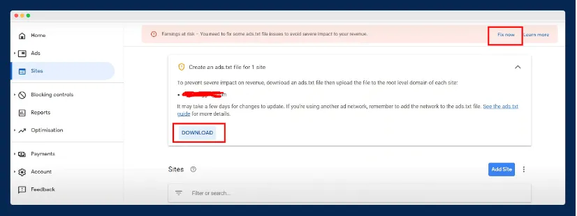 Google AdSense Sites screen showing the Earnings at risk banner and a Create an ads.txt file card with a Download button