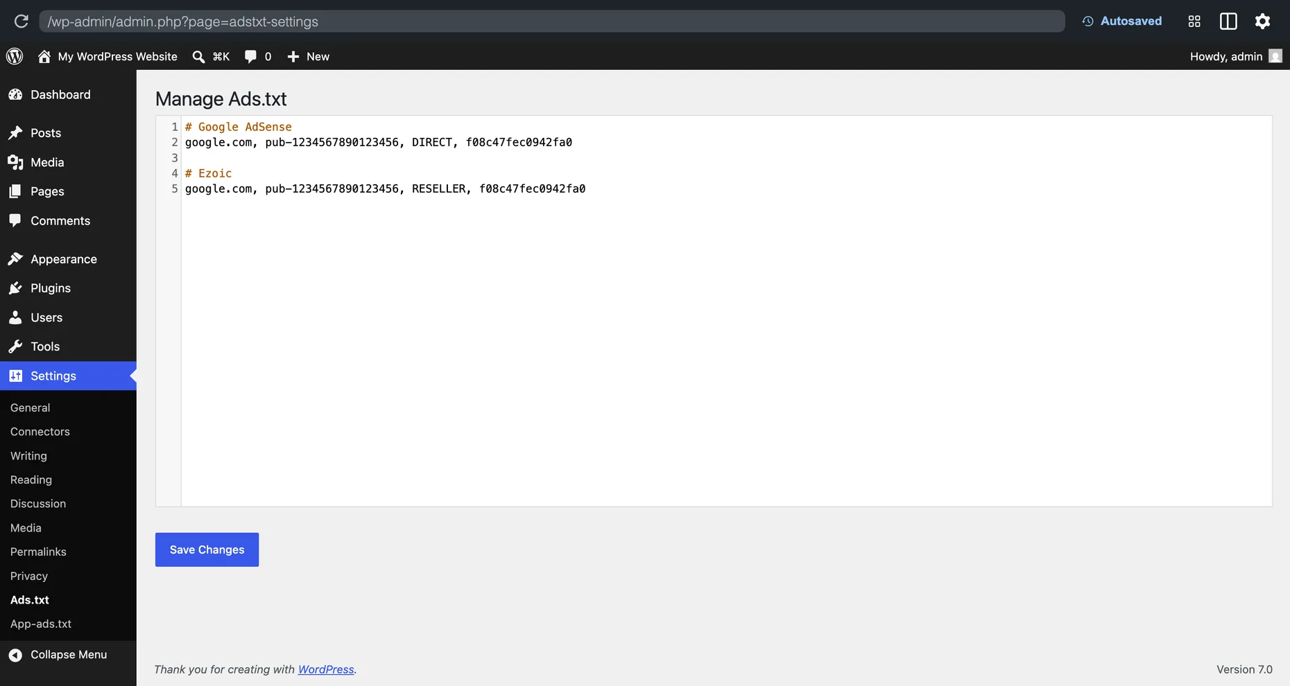The Ads.txt Manager plugin editor in WordPress, under Settings then Ads.txt, with a Google AdSense line pasted in