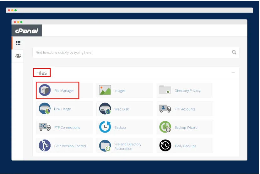 cPanel dashboard with the Files section open and File Manager highlighted