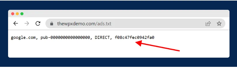A browser showing yourdomain.com/ads.txt with a valid google.com AdSense line displayed as plain text