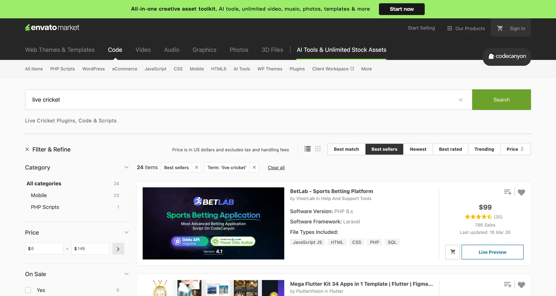 CodeCanyon search for live cricket showing 24 items, mostly mobile apps and a betting platform as the top seller