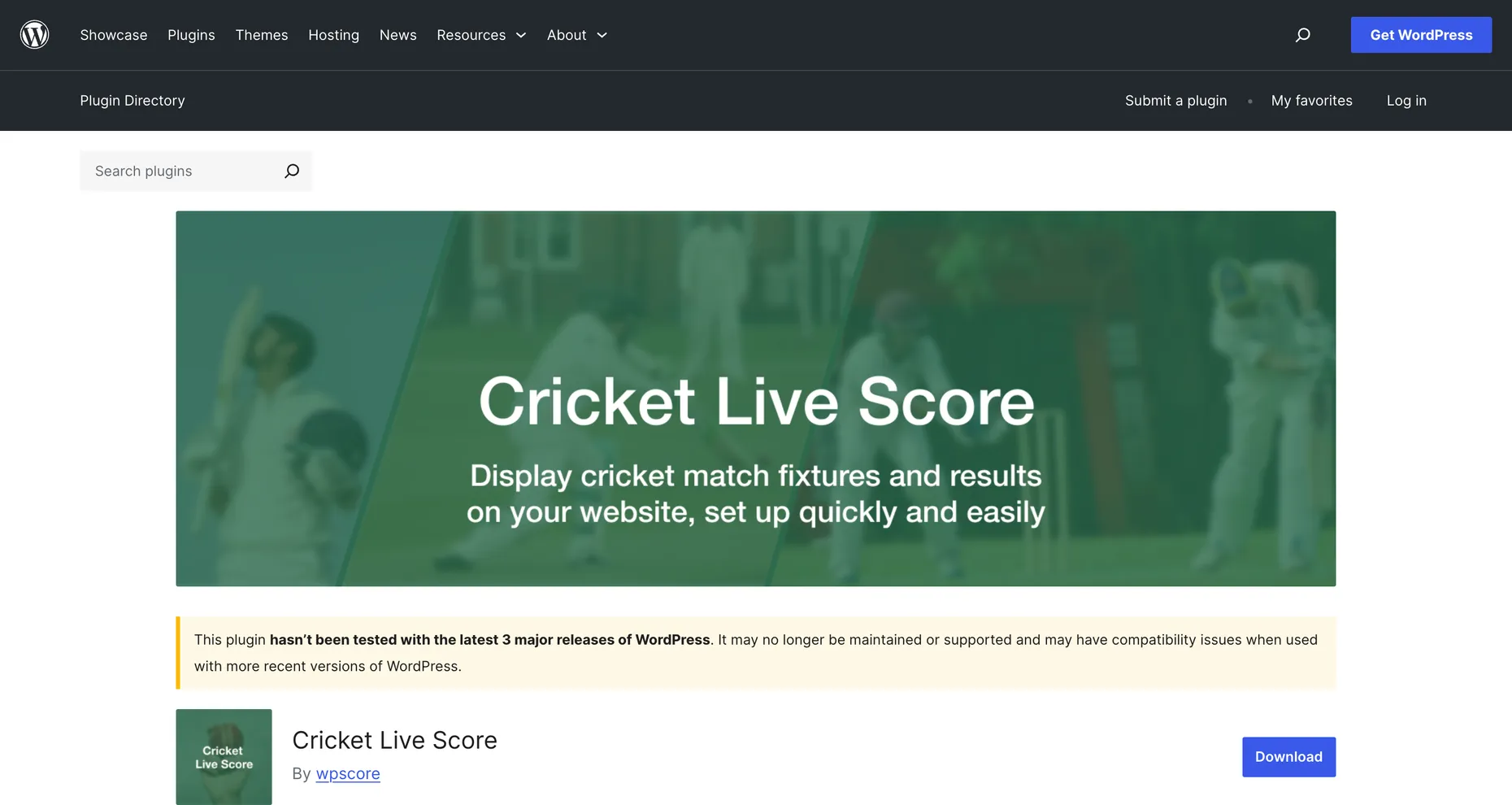 The Cricket Live Score plugin page on WordPress.org showing the not-tested-with-recent-WordPress-versions warning