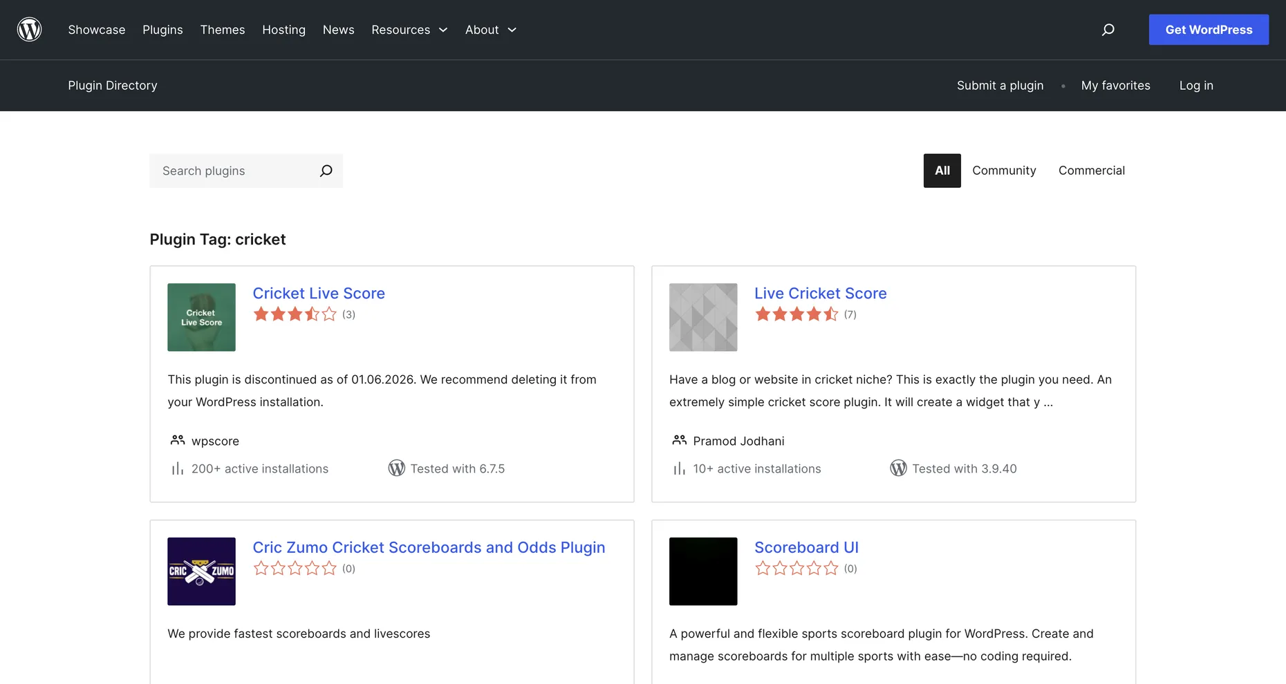 The WordPress.org plugin directory cricket tag, showing Cricket Live Score by wpscore marked discontinued