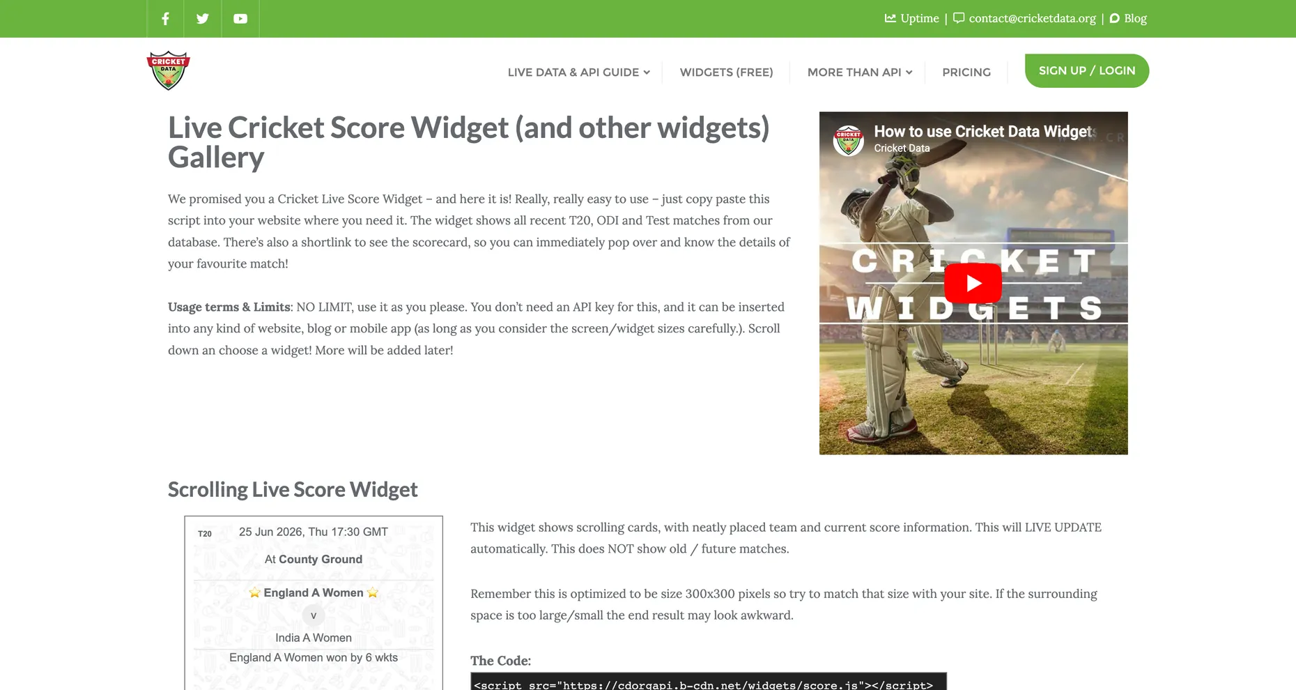 CricketData.org free live cricket score widget gallery with the embed code shown below the preview