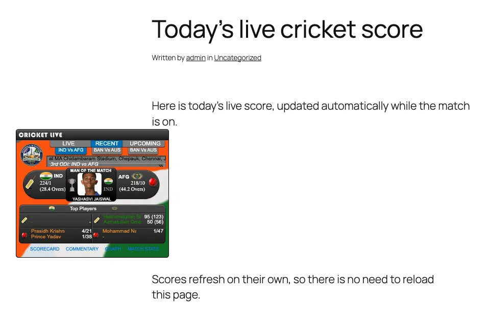 Cricwaves live cricket widget embedded in a WordPress post, showing an old India vs Afghanistan match and sitting outside the content column