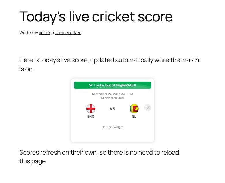 IPL.com's free live cricket score widget embedded in a WordPress post, showing England vs Sri Lanka at the Kennington Oval