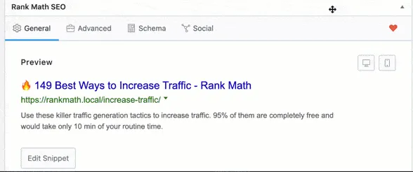 Rank Math SEO box on a WordPress post showing the snippet Preview with the meta title and description, and an Edit Snippet button