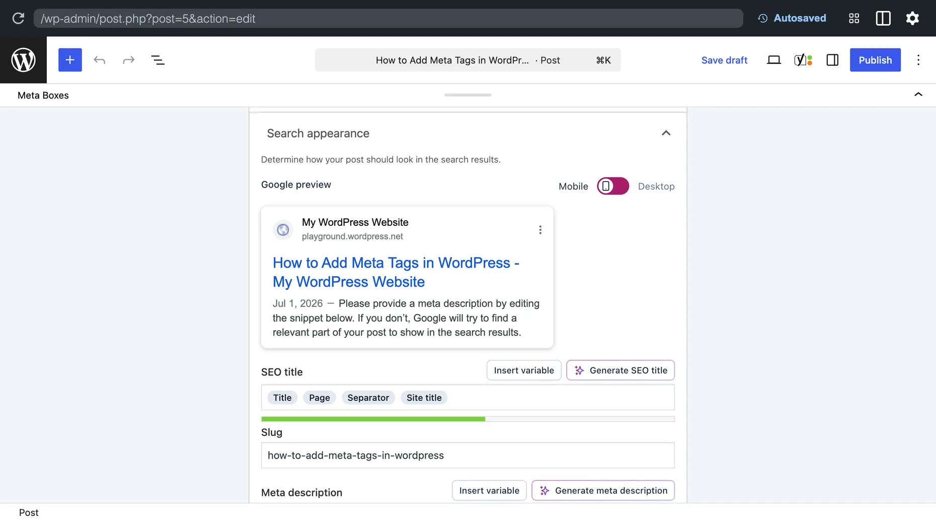 Yoast SEO Search appearance panel showing a Google preview of the post title with SEO title, slug and meta description fields below