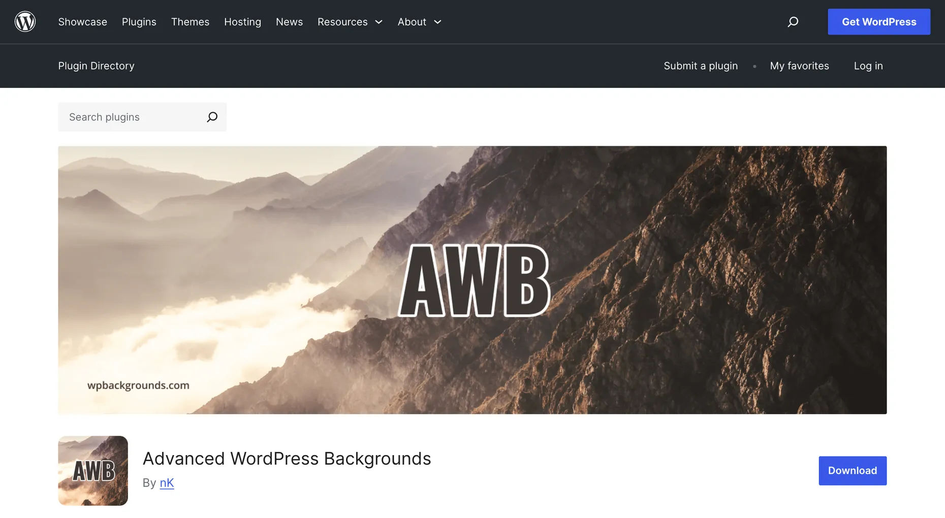 The Advanced WordPress Backgrounds (AWB) plugin page on WordPress.org, by nK, with a Download button