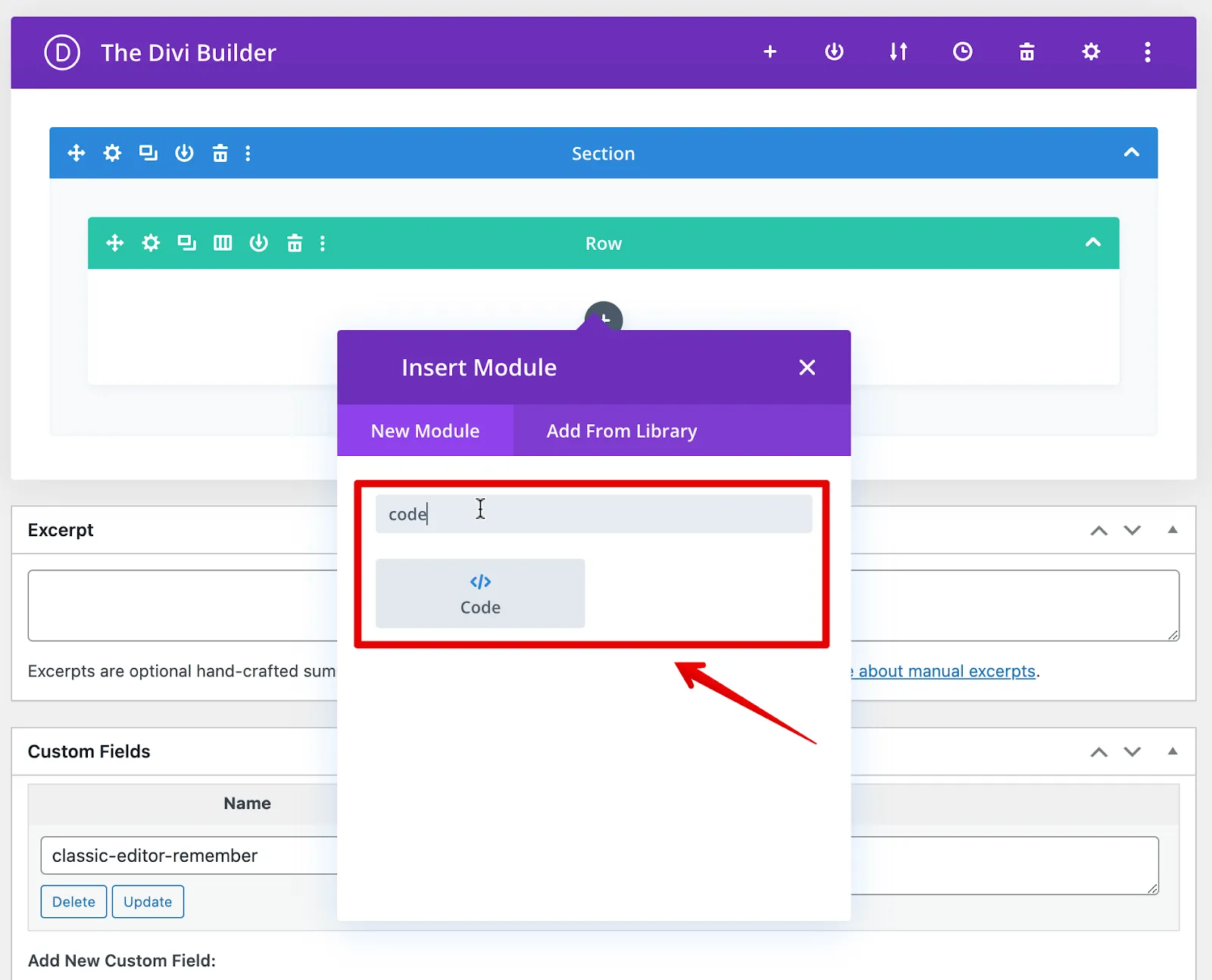 Divi Builder Insert Module dialog with 'code' typed in the search box and the Code module highlighted