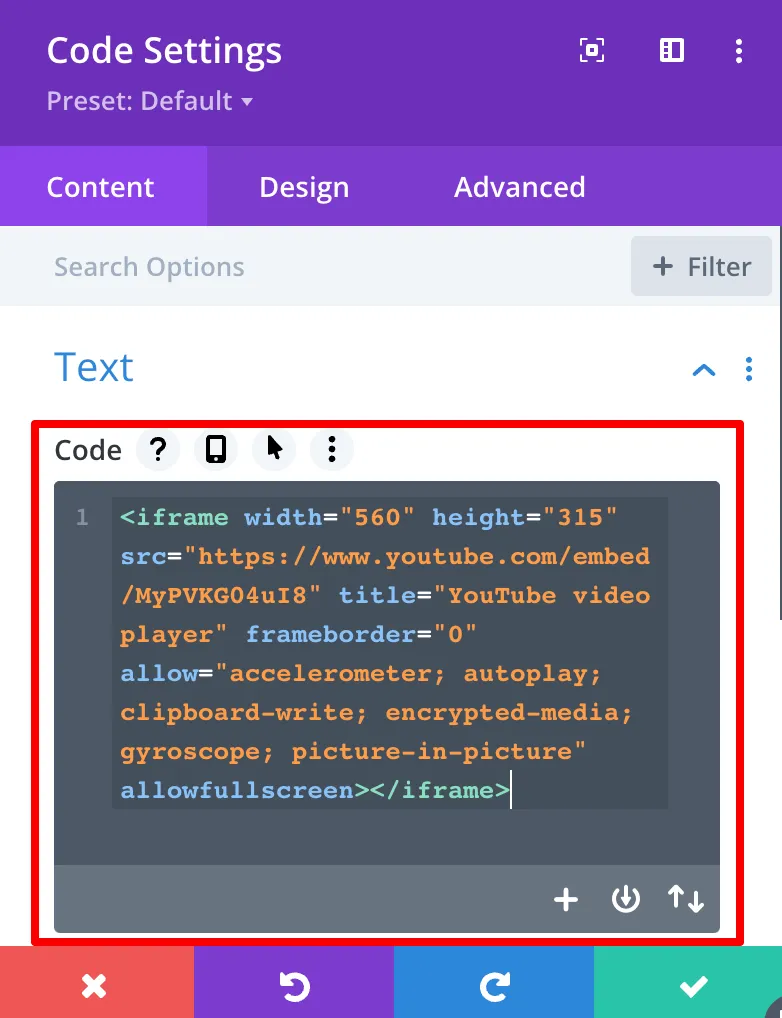 Divi Code Settings module with a YouTube iframe embed code pasted into the code box