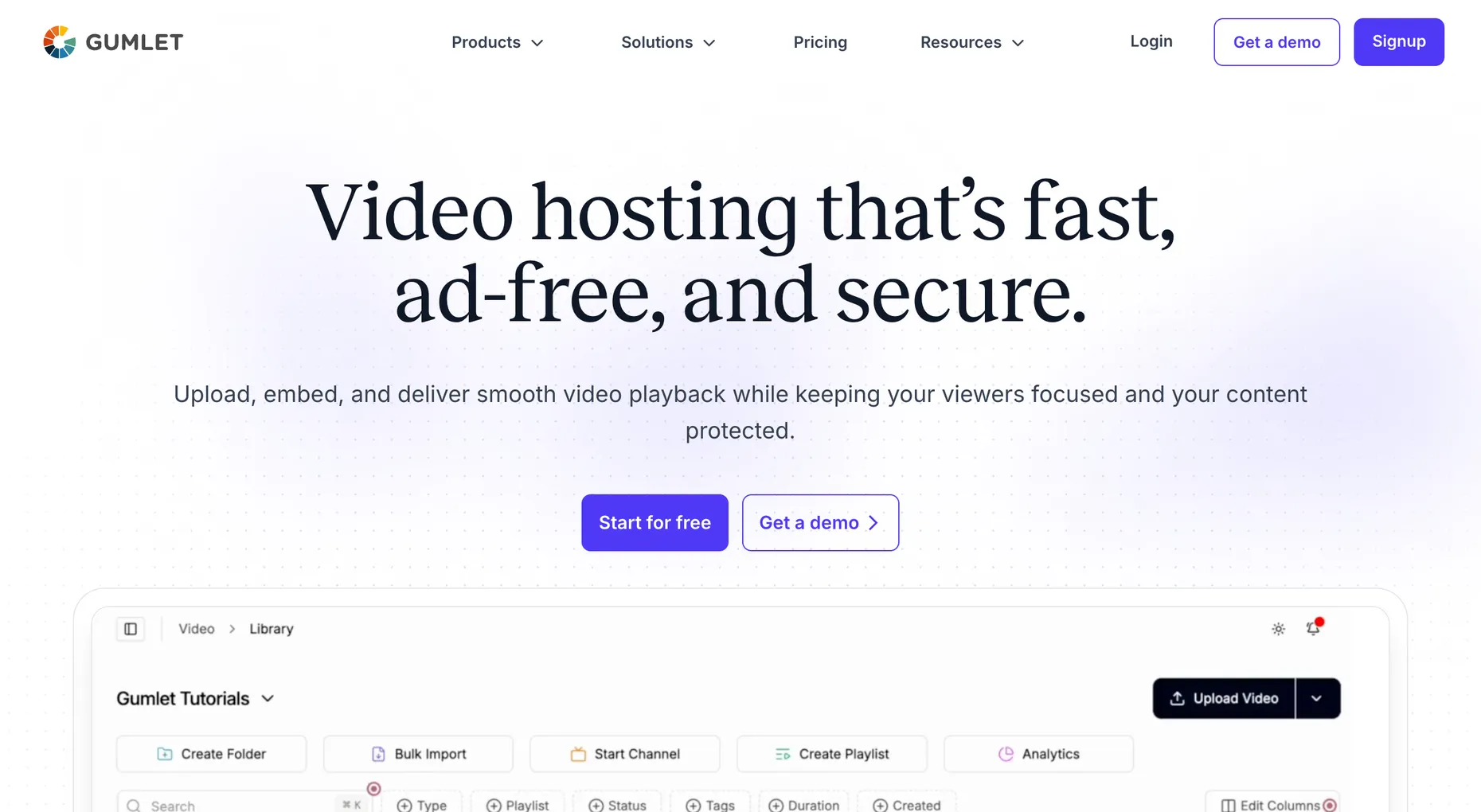 Gumlet video hosting homepage with the headline Video hosting that's fast, ad-free, and secure, and a Start for free button