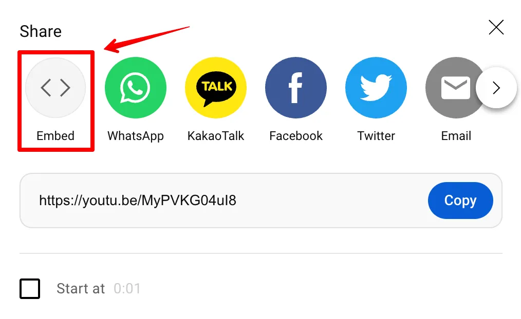 YouTube Share dialog with the Embed option highlighted in the top-left corner