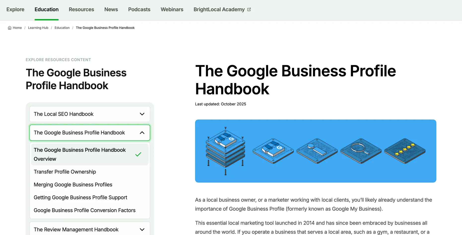 BrightLocal's Google Business Profile Handbook page, a local-SEO reference describing the importance of Google Business Profile, formerly Google My Business
