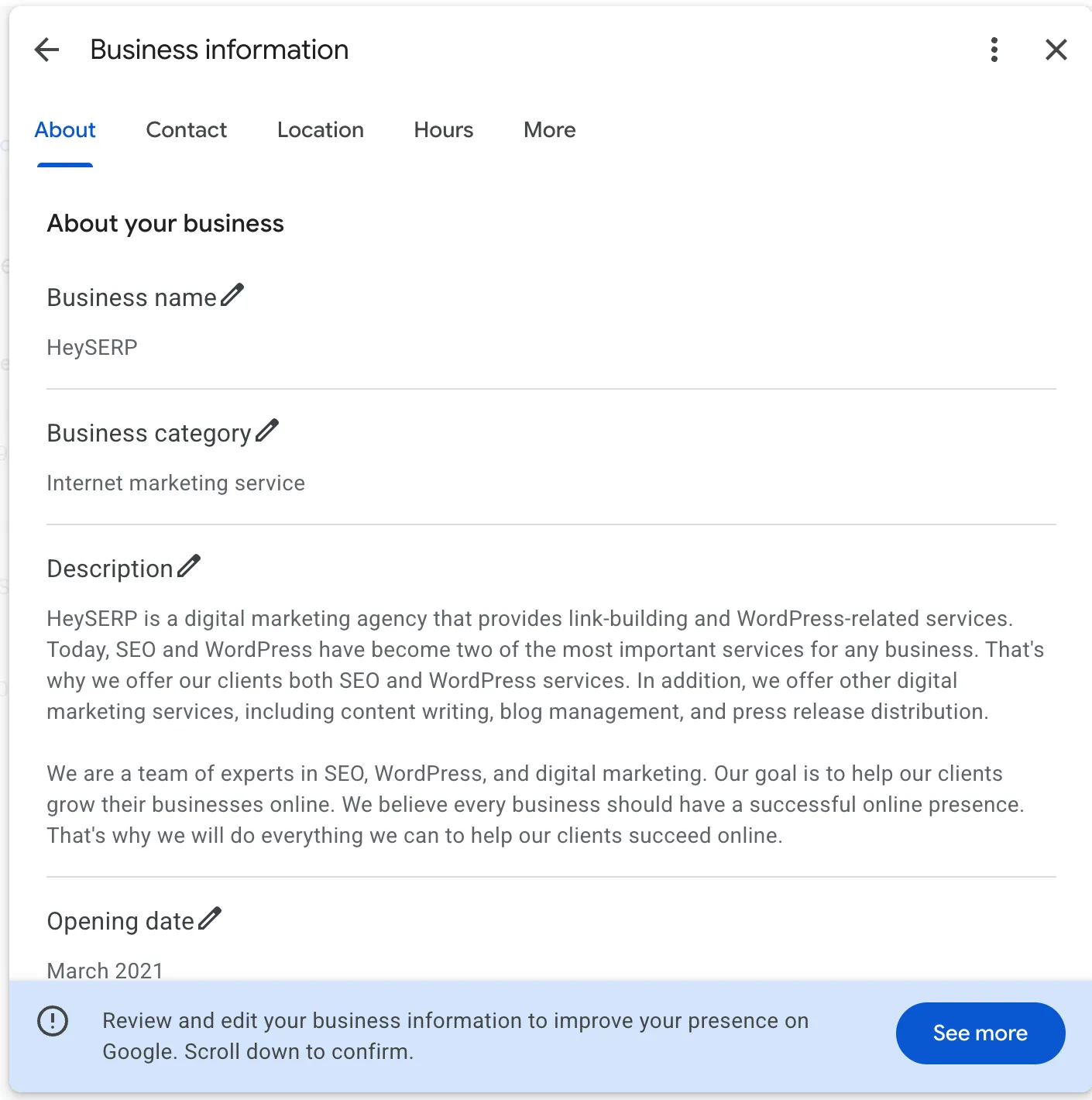 The Business information panel in Google Business Profile Manager for the HeySERP profile, showing Business name, Business category set to Internet marketing service, and the Description field, each with an edit pencil