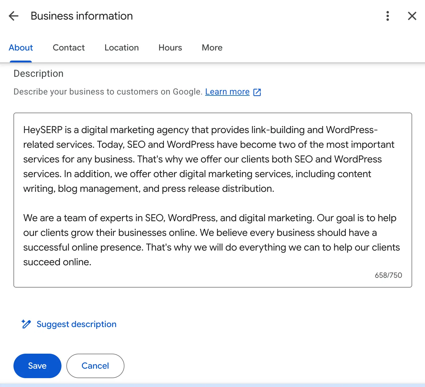 The Google Business Profile description editor showing the HeySERP description with a 658 of 750 character counter, a Suggest description button, and Save and Cancel buttons
