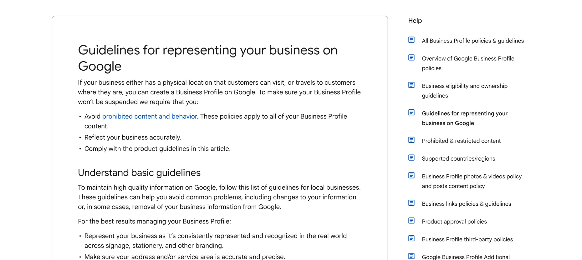 Google Business Profile Help page titled Guidelines for representing your business on Google, listing rules like reflect your business accurately and represent your business as it is recognized in the real world