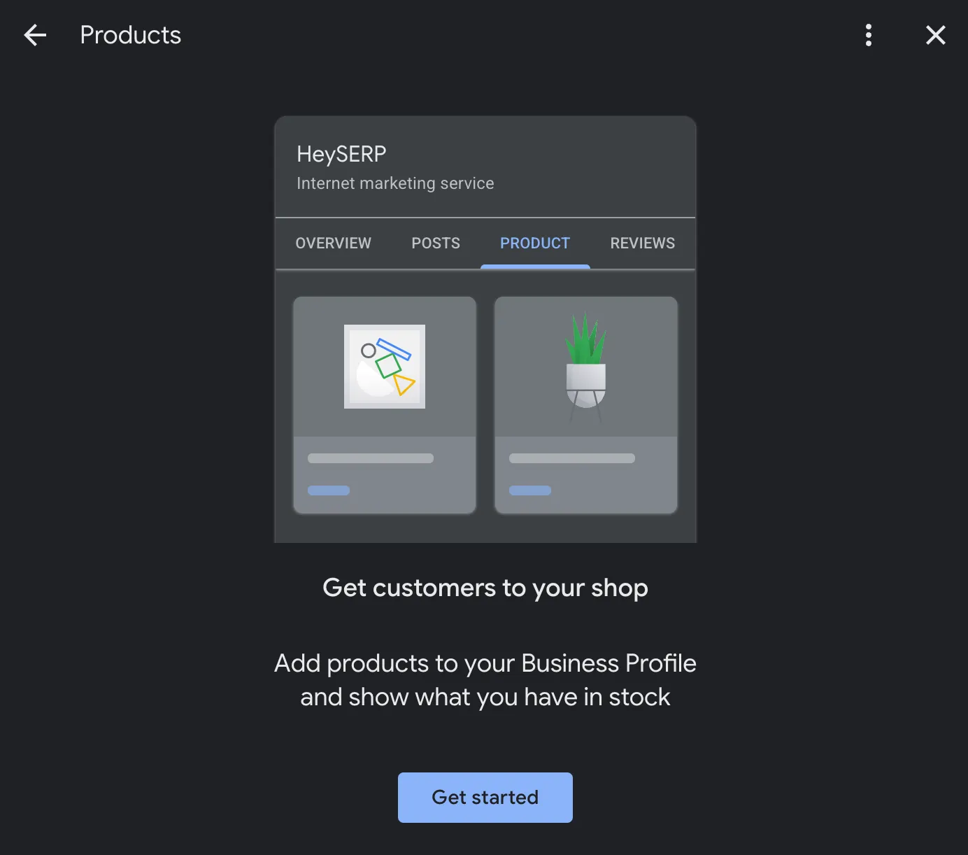 The Products tab of the HeySERP Google Business Profile, with Overview, Posts, Product and Reviews tabs and an Add products to your Business Profile prompt
