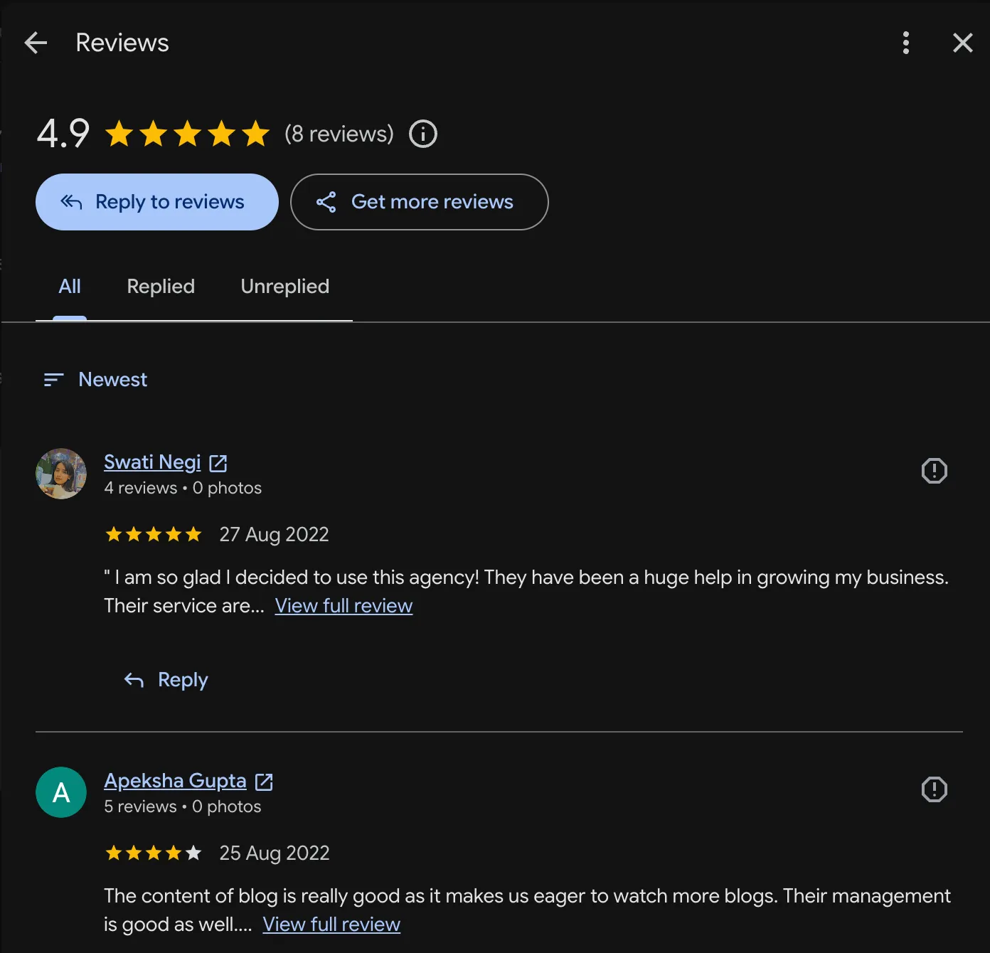 The Reviews panel of the HeySERP Google Business Profile showing a 4.9 rating from 8 reviews, a Reply to reviews button, and reviews mentioning growing my business and content of blog