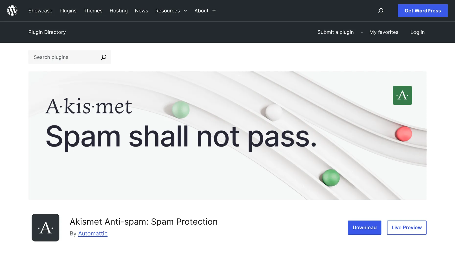 Akismet Anti-spam plugin page on WordPress.org