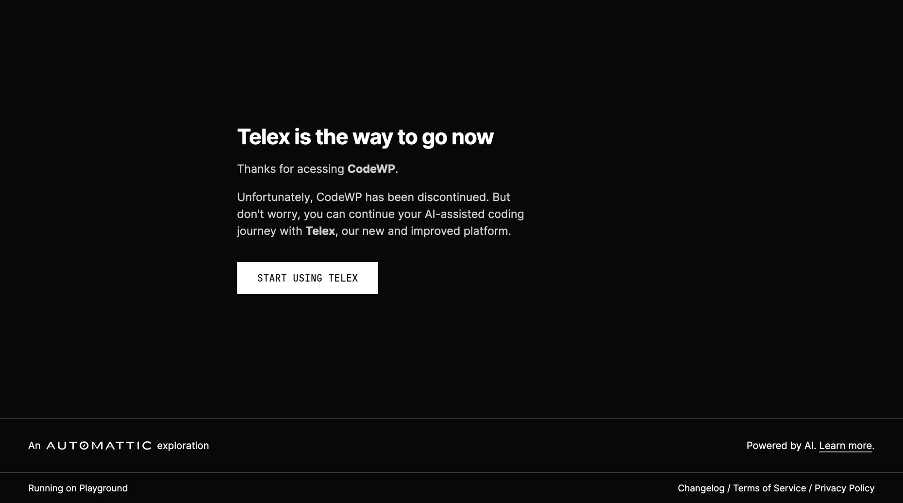 Telex page stating CodeWP has been discontinued and replaced by Telex from Automattic