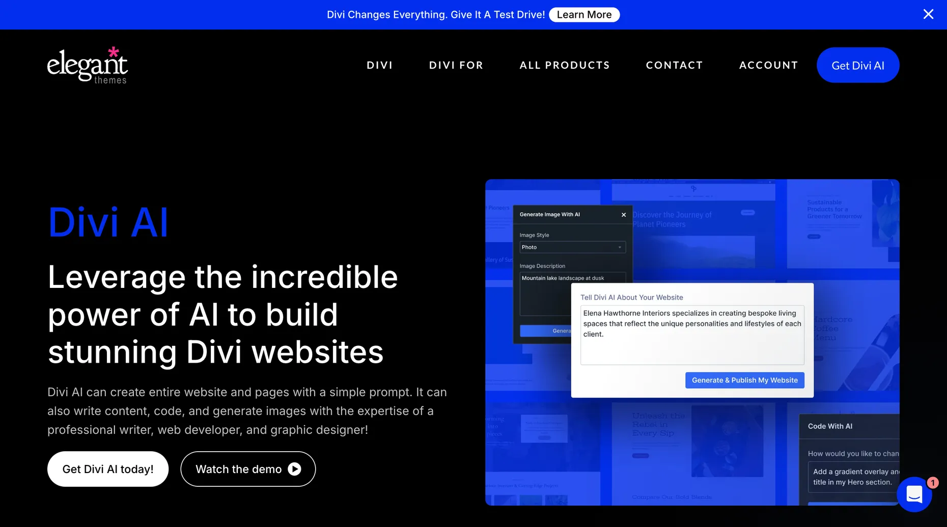 Divi AI product page describing AI tools for building WordPress websites