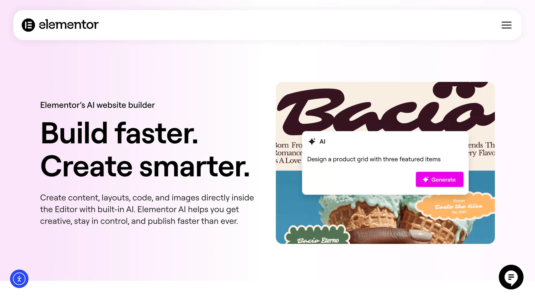 Elementor AI website builder product page showing AI generation inside the editor
