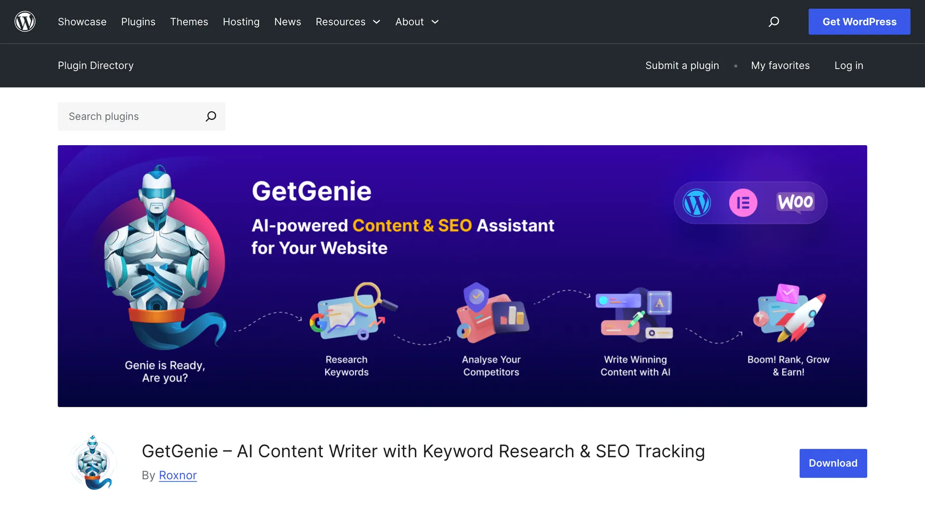 GetGenie AI content writer plugin page on WordPress.org