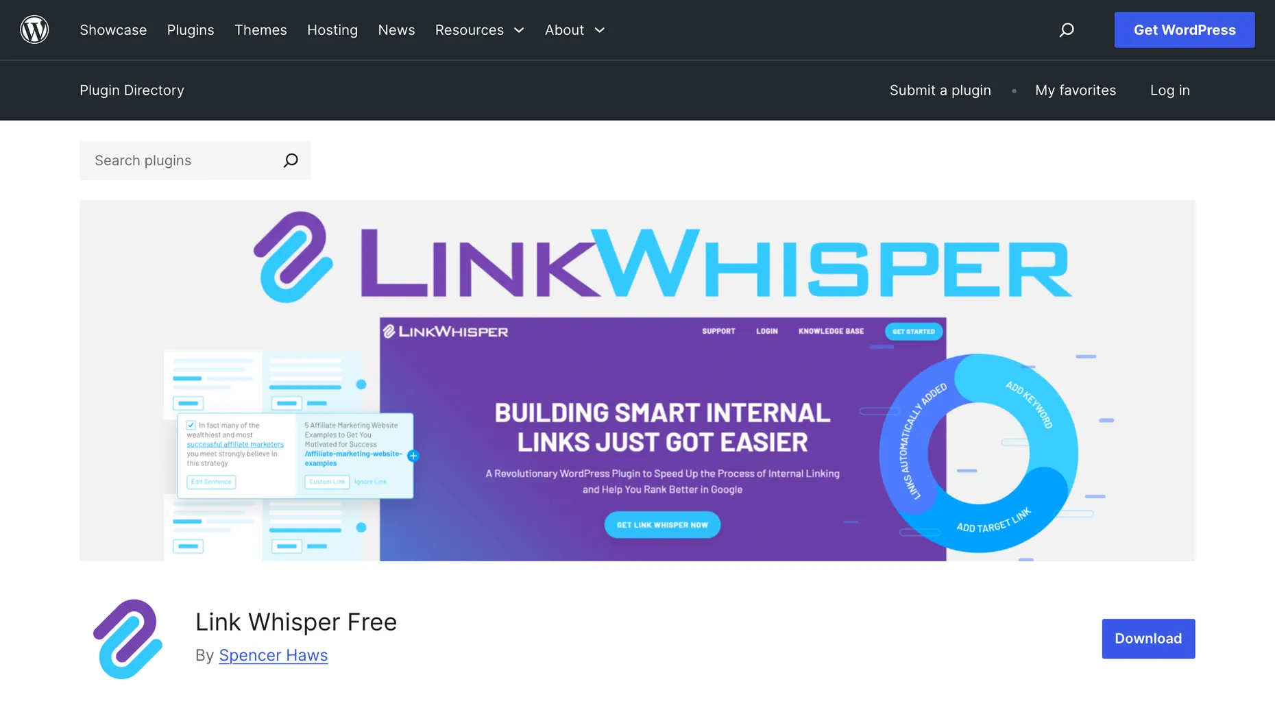 Link Whisper Free internal linking plugin page on WordPress.org