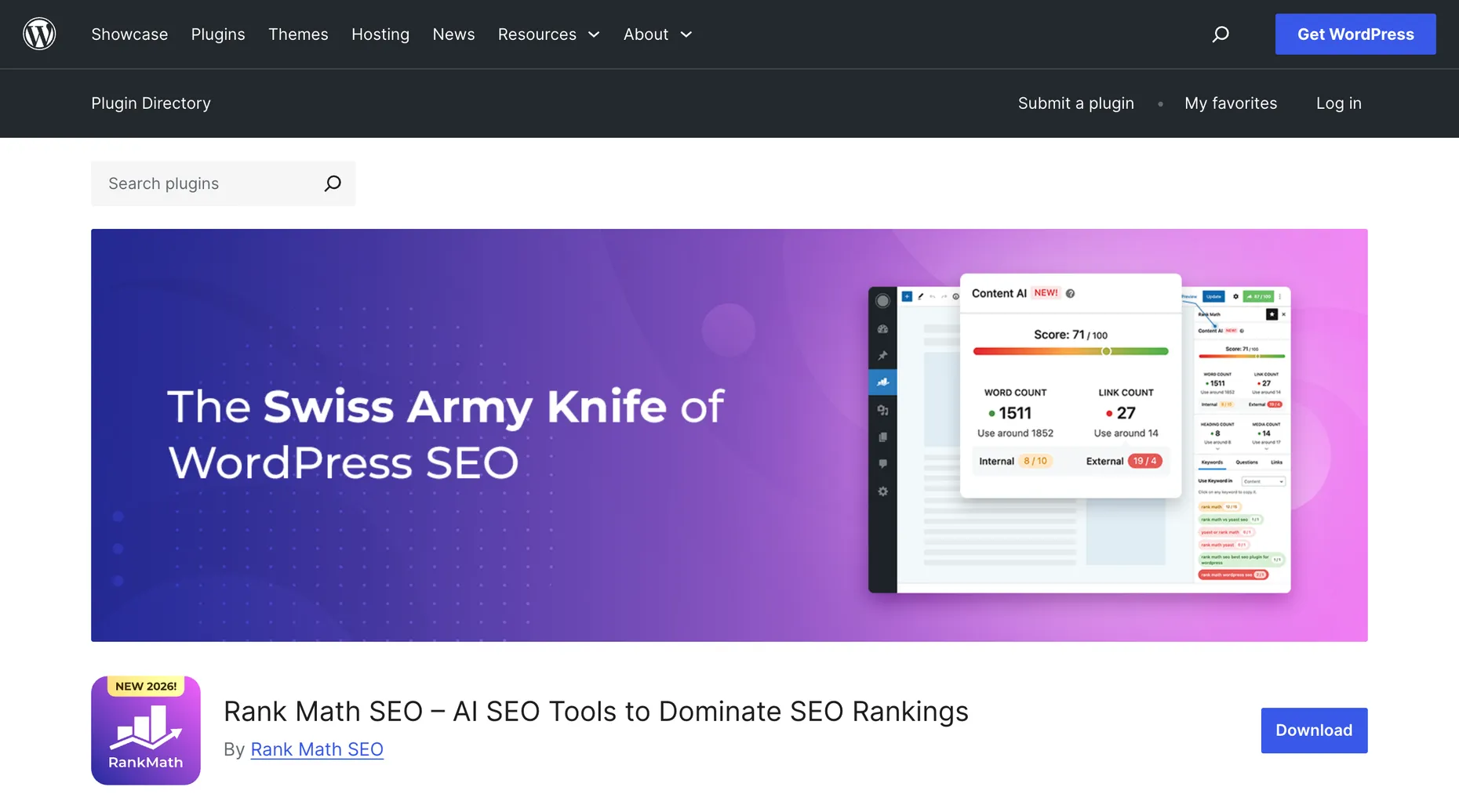 Rank Math SEO plugin page on WordPress.org showing its Content AI scoring panel