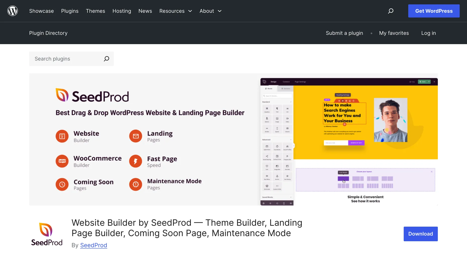 SeedProd website and landing page builder plugin page on WordPress.org
