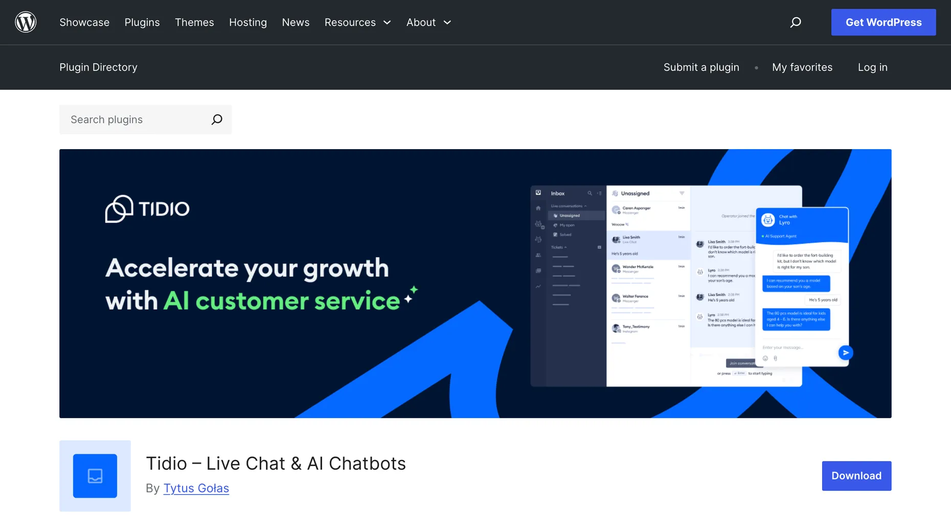 Tidio Live Chat and AI Chatbots plugin page on WordPress.org