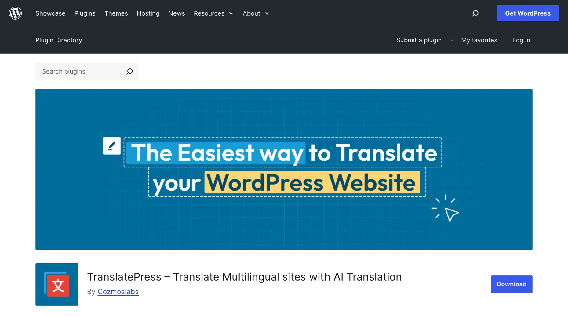 TranslatePress multilingual plugin page on WordPress.org highlighting AI translation