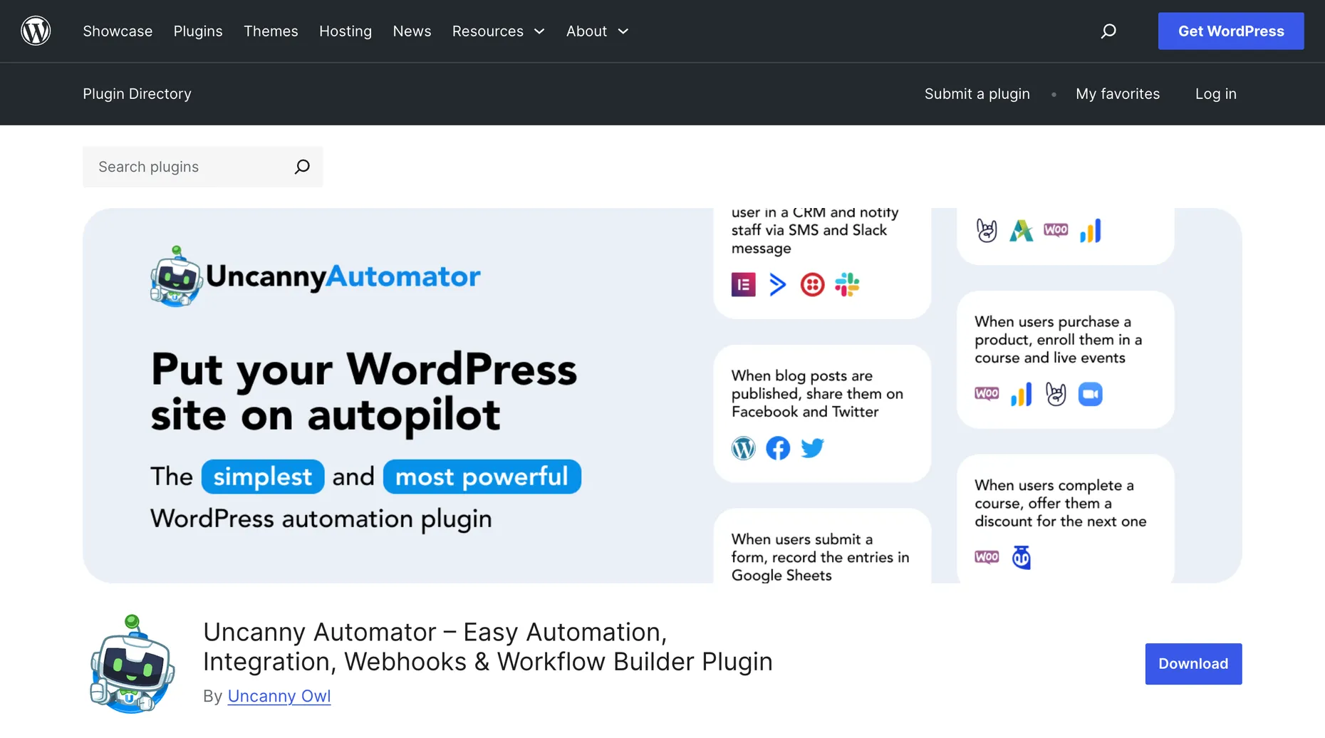 Uncanny Automator workflow builder plugin page on WordPress.org