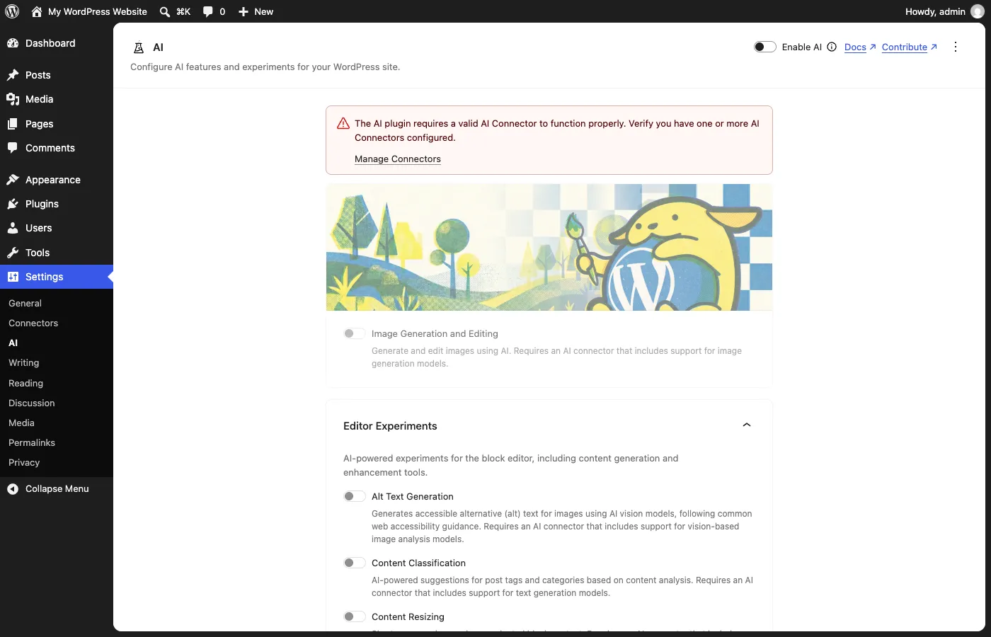 The official WordPress AI plugin settings page showing a warning to configure an AI Connector and toggles for alt text generation, content classification, and content resizing
