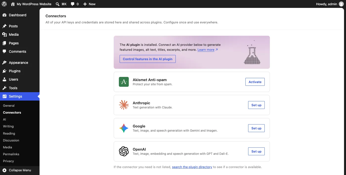 WordPress 7.1 Settings, Connectors screen listing Anthropic, Google, and OpenAI connectors with Set up buttons