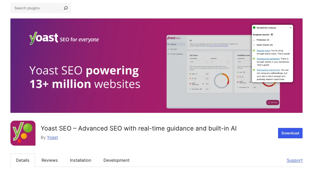 Yoast SEO plugin page on WordPress.org titled Advanced SEO with real-time guidance and built-in AI