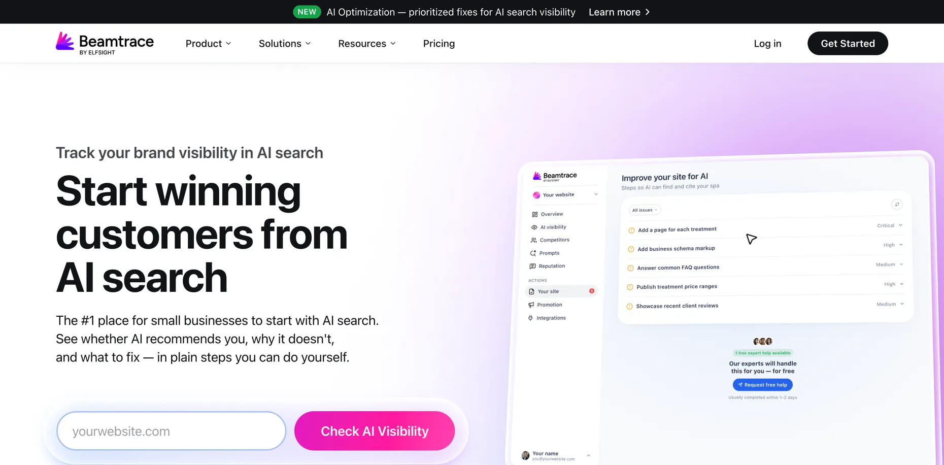 The Beamtrace homepage showing its dashboard with an Improve your site for AI panel listing fixes such as add a page for each treatment, add business schema markup and answer common FAQ questions, each graded critical, high or medium