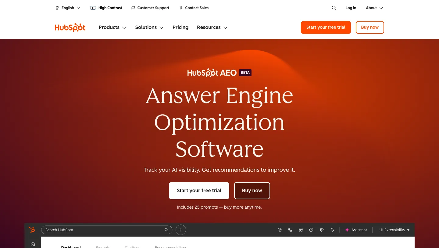 The HubSpot AEO product page describing how your brand shows up in AI search