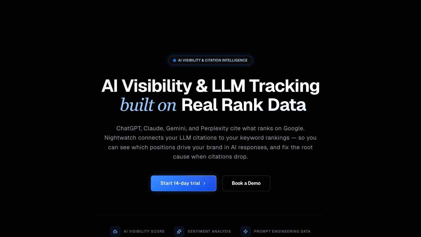 The Nightwatch AI tracking page describing LLM visibility tracking across ChatGPT, Claude, Gemini and Perplexity