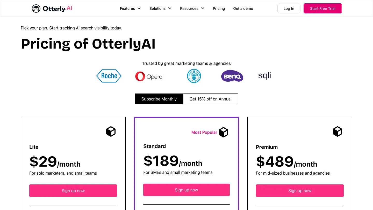 The Otterly.AI pricing page showing Lite at $29 a month, Standard at $189 and Premium at $489, with Roche, Opera, FAO, BenQ and sqli listed as customers