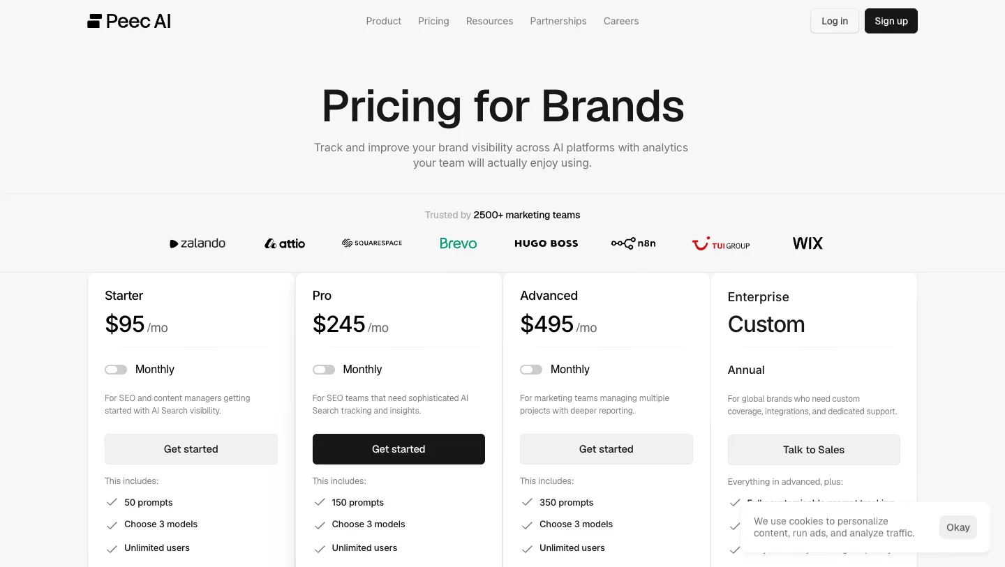 The Peec AI pricing page showing Starter at $95 per month, Pro at $245 and Advanced at $495, each with 50, 150 and 350 prompts and the line Choose 3 models