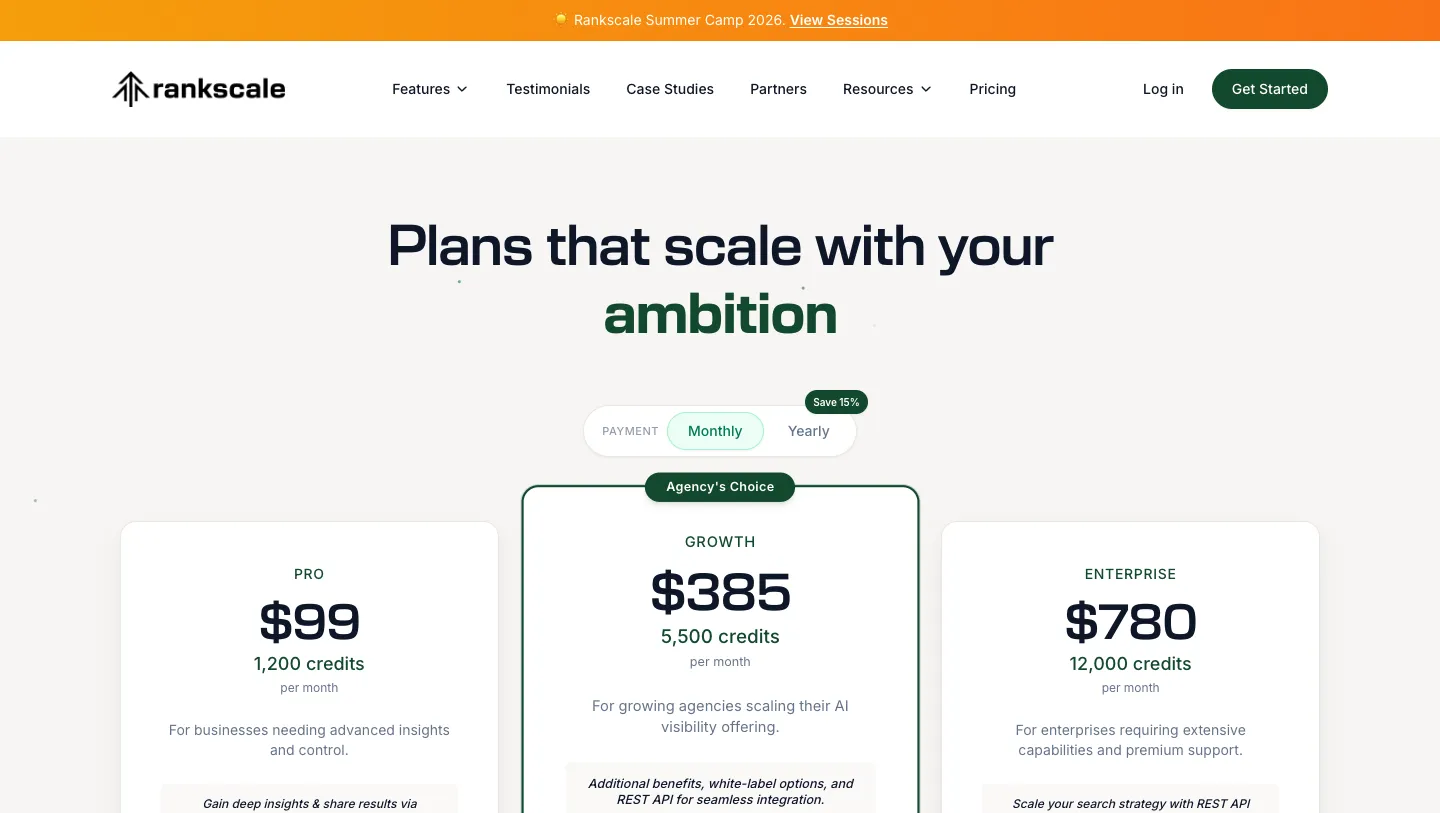 The Rankscale pricing page showing Essentials, Pro, Growth and Enterprise tiers with Enterprise publicly priced