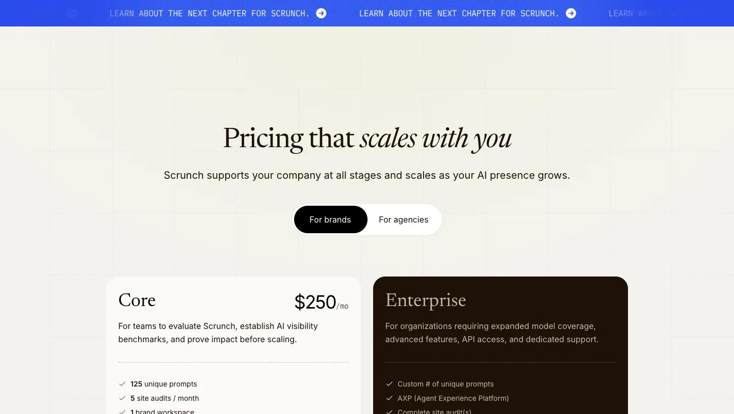 The Scrunch pricing page showing Starter and Growth plans with annual and monthly toggles