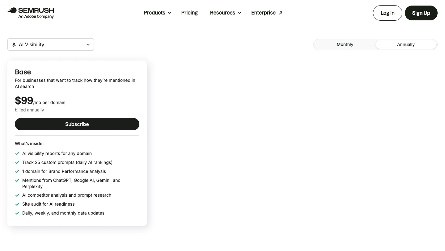 The Semrush AI Visibility Toolkit pricing page showing $99 per month per domain