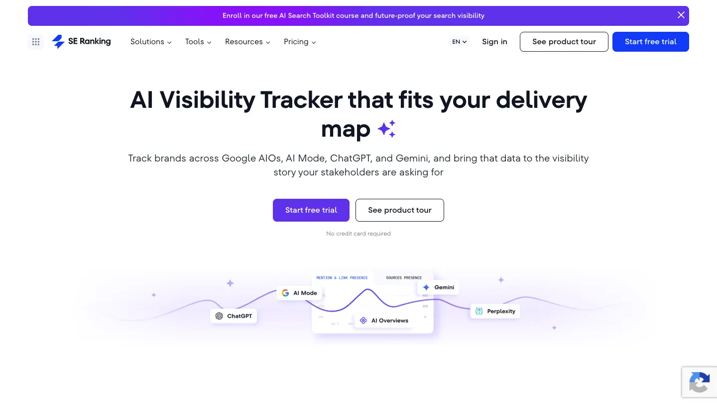 The SE Ranking AI visibility tracker page offering an AI search visibility check