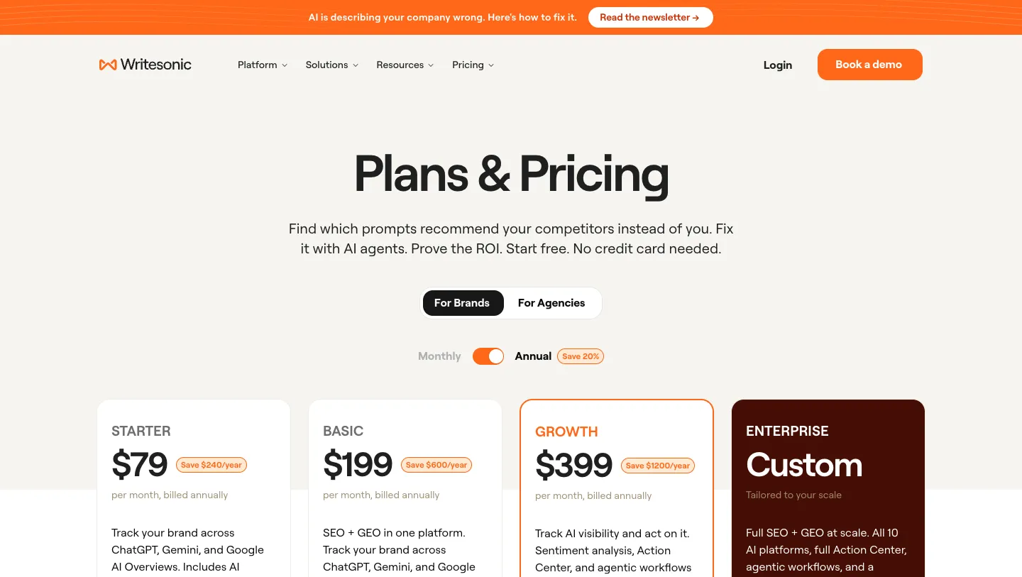 The Writesonic pricing page for its AI Search Visibility Platform showing Starter, Basic and Growth tiers