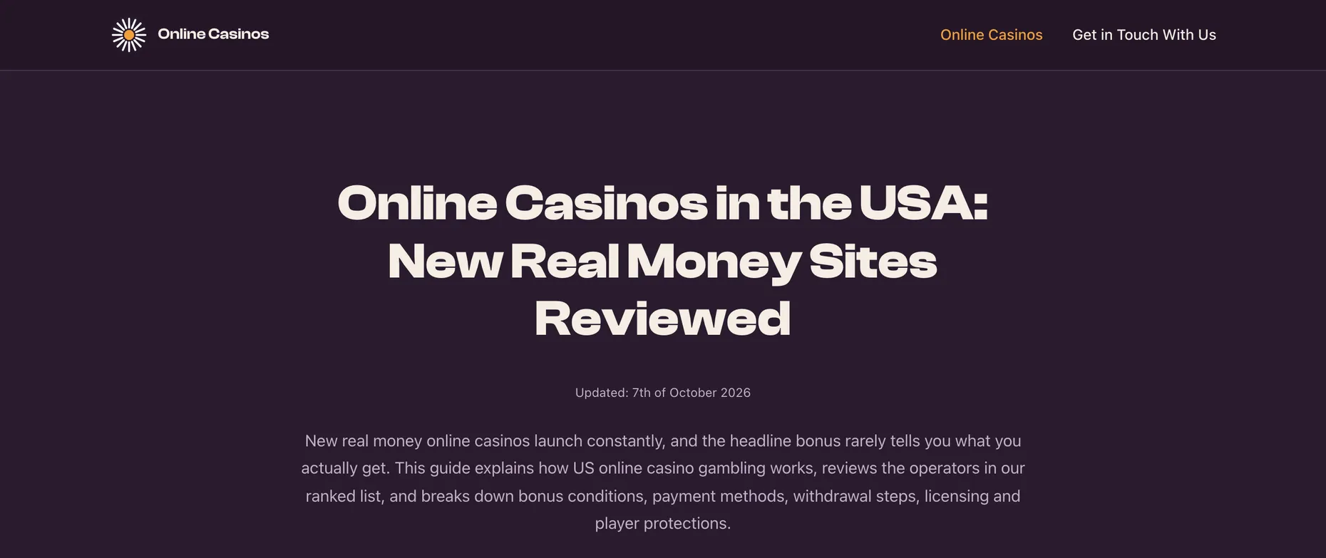The InfoBarrel homepage headed Online Casinos in the USA: New Real Money Sites Reviewed, with an Online Casinos logo and menu