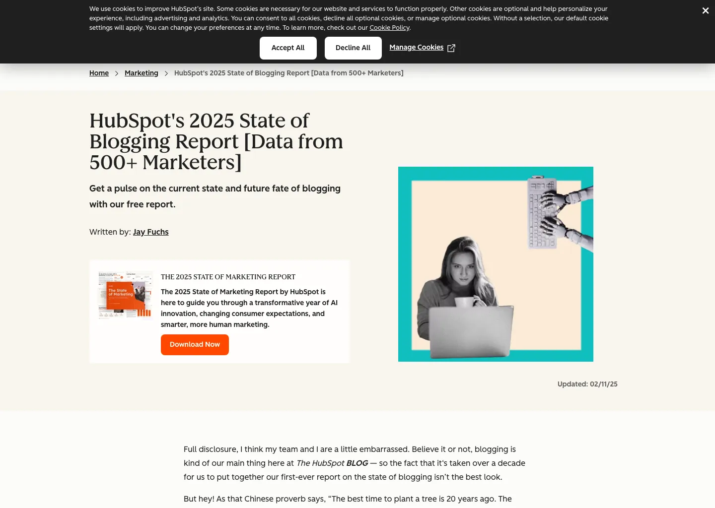 HubSpot's 2025 State of Blogging Report page, data from 500-plus marketers