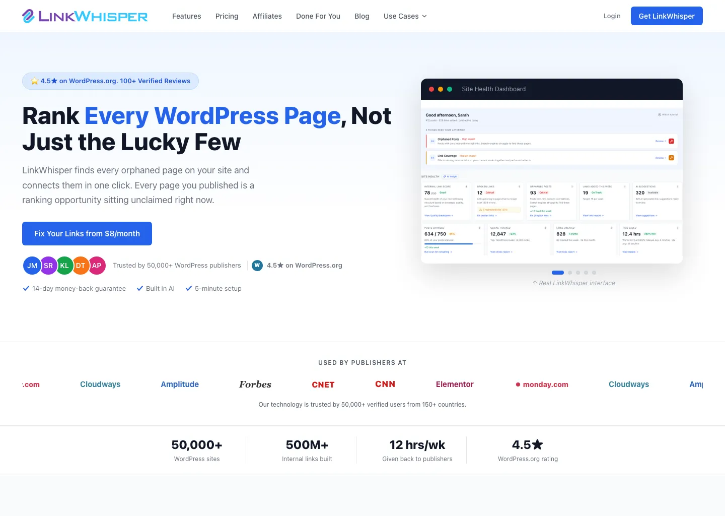 Link Whisper homepage with the heading Rank Every WordPress Page, Not Just the Lucky Few and an internal-link dashboard preview
